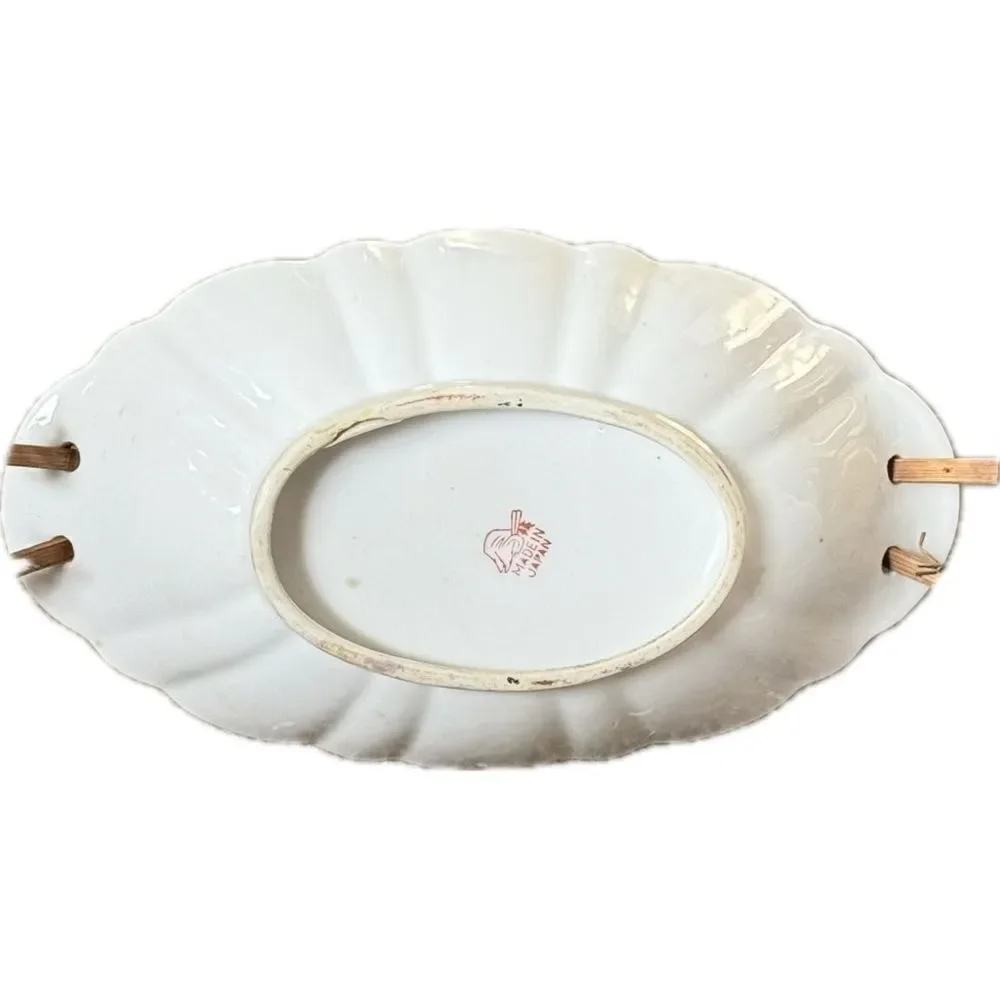 Vintage Japanese  Kutani hand, painted floral porcelain dish, bamboo‎ handle ￼